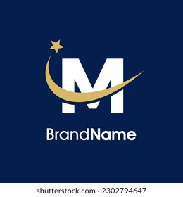 Diseño del logotipo de la Ilustración Sencilla Elegante Diseño Inicial M con la estrella del swooshing en color oro. El logotipo puede utilizarse para cualquier sector y funcionar también en pequeñas dimensiones.
