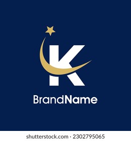 Simple Elegant Illustration logo design Initial K with Swooshing star in gold color. Logo can use for any industry and work as well in small size.