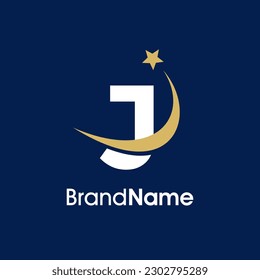 Diseño del logotipo de la Ilustración Sencilla Elegante Diseño Inicial J con la estrella del swooshing de color dorado. El logotipo puede utilizarse para cualquier sector y funcionar también en pequeñas dimensiones.