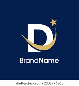 Simple Elegant Illustration logo design Initial D with Swooshing star in gold color. Logo can use for any industry and work as well in small size.