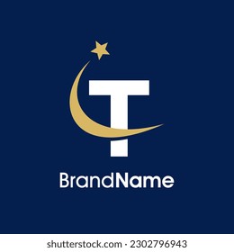 Simple Elegant Illustration logo design Initial T with Swooshing star in gold color. Logo can use for any industry and work as well in small size.