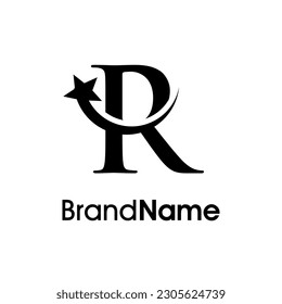 Simple and Elegant Illustration logo design Initial R Combine with flying star in black color. Logo good for your any industry and logo can work as well in small size.