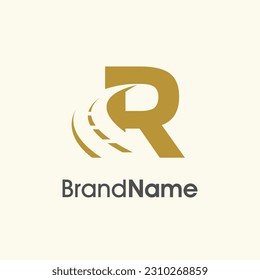 Simple and Elegant Illustration logo design Road Way icon combine with initial R in gold color.