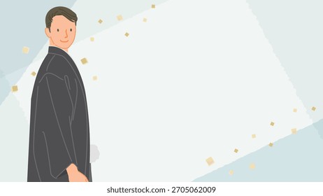 Ilustración simple y elegante de un hombre en un kimono negro y hakama, diseñado para su uso en saludos de Año Nuevo y diseños de estilo japonés.
