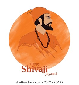 A simple, elegant illustration of Shivaji Maharaj, a symbol of bravery and leadership, on the occasion of Shivaji Jayanti. The image features a bold, orange circle and portrays the king in traditional