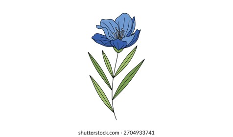 Uma ilustração simples e elegante de uma única flor de linho azul com um longo caule e folhas verdes isoladas sobre um fundo branco.