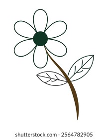 Simple and elegant illustration of a single flower with green leaves, designed in a minimalist style. Ideal for logos, greeting cards, and nature-themed projects.