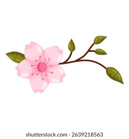 A simple elegant illustration of a single pink cherry blossom flower or sakura, featuring a delicate brown branch and green buds. This isolated floral element beautifully captures spring essence. Idea
