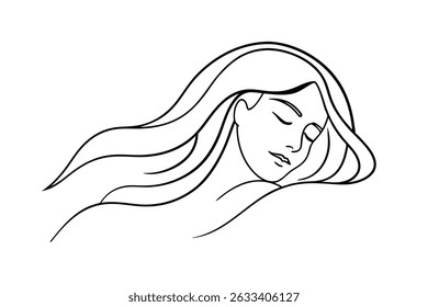 Simple elegant illustration of a sleeping woman with flowing hair and closed eyes.