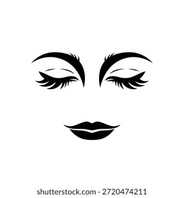 Una ilustración simple y elegante de la cara de una mujer con ojos cerrados con pestañas largas y labios llenos, renderizado en negro sobre un fondo blanco.