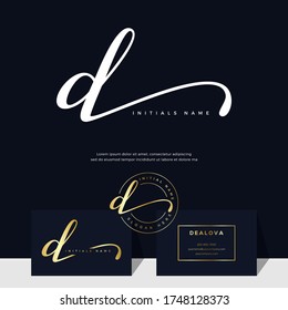 simple elegant initial handwriting letter D on gold color. Luxury vector logotype with business card template