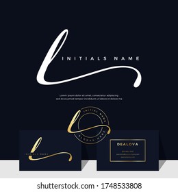 simple elegant initial handwriting letter L on gold color. Luxury vector logotype with business card template