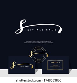 simple elegant initial handwriting letter S on gold color. Luxury vector logotype with business card template