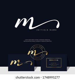 simple elegant initial handwriting letter M on gold color. Luxury vector logotype with business card template