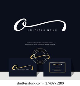 simple elegant initial handwriting letter O on gold color. Luxury vector logotype with business card template