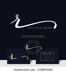 simple elegant initial handwriting letter R on gold color. Luxury vector logotype with business card template