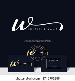 simple elegant initial handwriting letter W on gold color. Luxury vector logotype with business card template