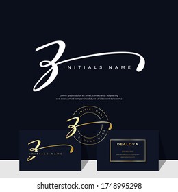 simple elegant initial handwriting letter Z on gold color. Luxury vector logotype with business card template