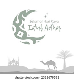 The simple and elegant Islamic festival of Eid al-Adha is one-tone monochromatik. Greeting card with crescent moon elements, camel, palm tree on a white background. Vector illustratration