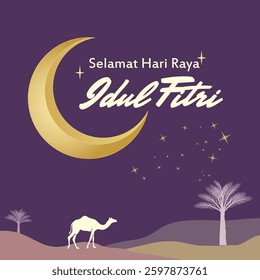 The simple and elegant Islamic festival of Eid al-
fitr is one-tone monochromatik. Greeting card with crescent moon elements, camel, palm tree on a white background. Vector illustratration