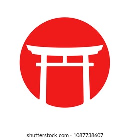 Simple and elegant Japan logo. Torii silhouette (traditional Japanese gate) in red circle shape. Isolated vector clip art illustration.