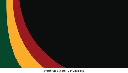 Simple and elegant Juneteenth background design featuring bold curved stripes in green, yellow, and red on a black backdrop. Perfect for Juneteenth celebrations, African American history events