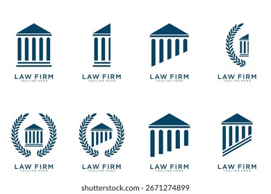 Colección elegante simple del logotipo de la justicia, sistema del logotipo del bufete de abogados, fondo azul y blanco	