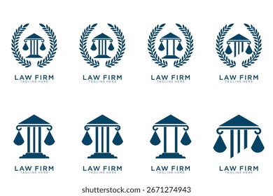 Einfache, elegante Sammlung von Gerechtigkeits-Logos, Logo-Set für Anwaltskanzleien, blauer, weißer Hintergrund	