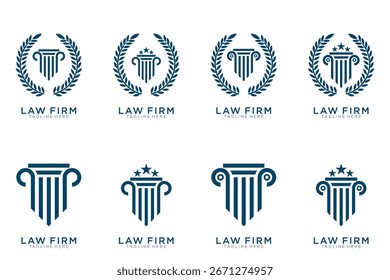 Colección elegante simple del logotipo de la justicia, sistema del logotipo del bufete de abogados, fondo azul y blanco	