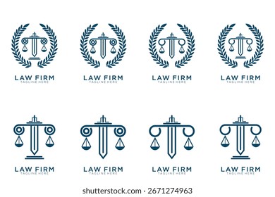 Simples elegante coleção de logotipo de justiça, conjunto de logotipo de escritório de advocacia, fundo azul e branco	