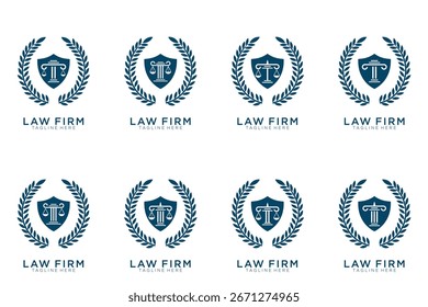 Colección elegante simple del logotipo de la justicia, sistema del logotipo del bufete de abogados, fondo azul y blanco	
