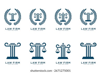 Simples elegante coleção de logotipo de justiça, conjunto de logotipo de escritório de advocacia, fundo azul e branco	