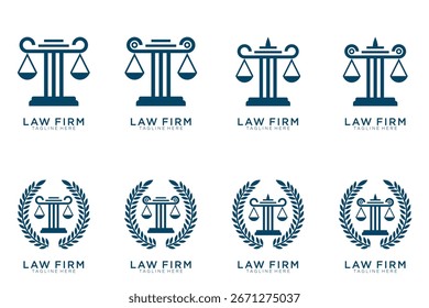 Simples elegante coleção de logotipo de justiça, conjunto de logotipo de escritório de advocacia, fundo azul e branco	