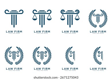 Colección elegante simple del logotipo de la justicia, sistema del logotipo del bufete de abogados, fondo azul y blanco	