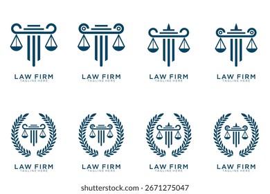 Colección elegante simple del logotipo de la justicia, sistema del logotipo del bufete de abogados, fondo azul y blanco	