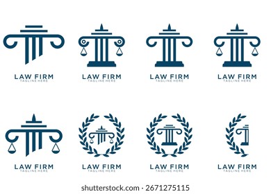 Colección elegante simple del logotipo de la justicia, sistema del logotipo del bufete de abogados, fondo azul y blanco	