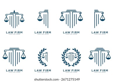 Colección elegante simple del logotipo de la justicia, sistema del logotipo del bufete de abogados, fondo azul y blanco	
