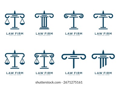 Colección elegante simple del logotipo de la justicia, sistema del logotipo del bufete de abogados, fondo azul y blanco	