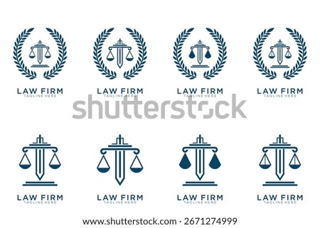Simple elegant justice logo collection , law firm logo set , blue and white background	