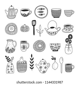 Simple elegant kitchenware collection in modern hand drawn design. Vector illustration. Japanese ceramics, plates, mugs, etc. Craft concept for logos, menu, greeting cards.