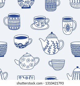 Simple elegant kitchenware seamless pattern in modern hand drawn design. Ceramics, mugs, cups, bowls. Craft concept for kitchen textile, design elements, print.