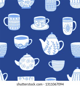 Simple elegant kitchenware seamless pattern in modern hand drawn design on dark blue background. Ceramics, mugs, cups, bowls. Craft concept for kitchen textile, design elements, print.