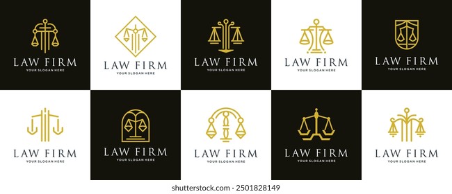 Simple elegant law firm logo collection , justice logo set , black and gold color.