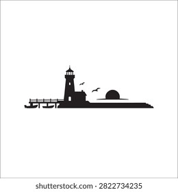 Simple elegant lighthouse landscape silhouette featuring small docked boats and birds under setting sun. Clean black vector graphic ideal for travel agency logos nautical themed stationery modern posters coastal decor or creative design projects needing refined minimalist maritime imagery.