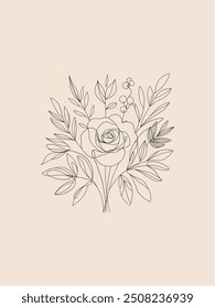 Simple and elegant line art illustration of a floral bouquet on a beige background. Perfect for wedding invitations, greeting cards, or wall art, for any floral-themed project.  