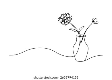 Simple elegant line art illustration of flowers in vase for decorative designs