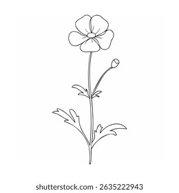 Simples e elegante ilustração de arte de linha de uma única flor de botão com folhas e broto