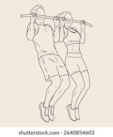 A simple, elegant line art illustration depicts a couple executing a synchronized pull-up exercise