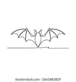 A simple, elegant line art illustration of a bat in flight.