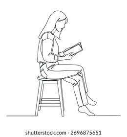 A simple, elegant line art illustration of a woman engrossed in reading a book while seated.